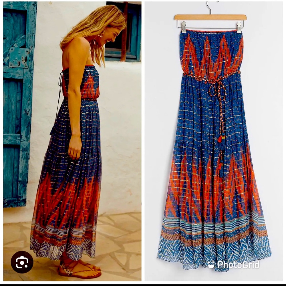 NWT Anthropologie Verb Nora Maxi Dress; Blue/Orange/metallic, Lined & Strapless